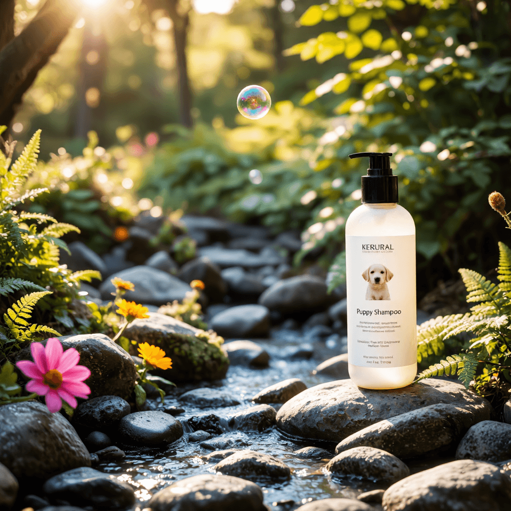 product photography of puppy shampoo