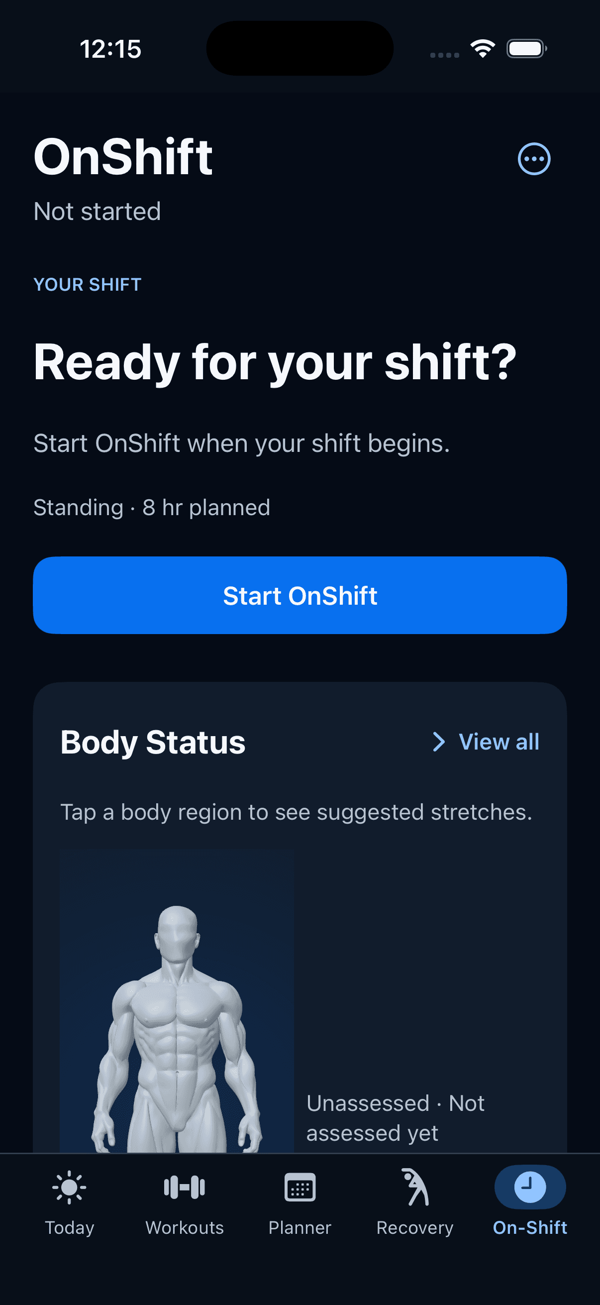ShiftStrong OnShift screen with shift tracking and body status