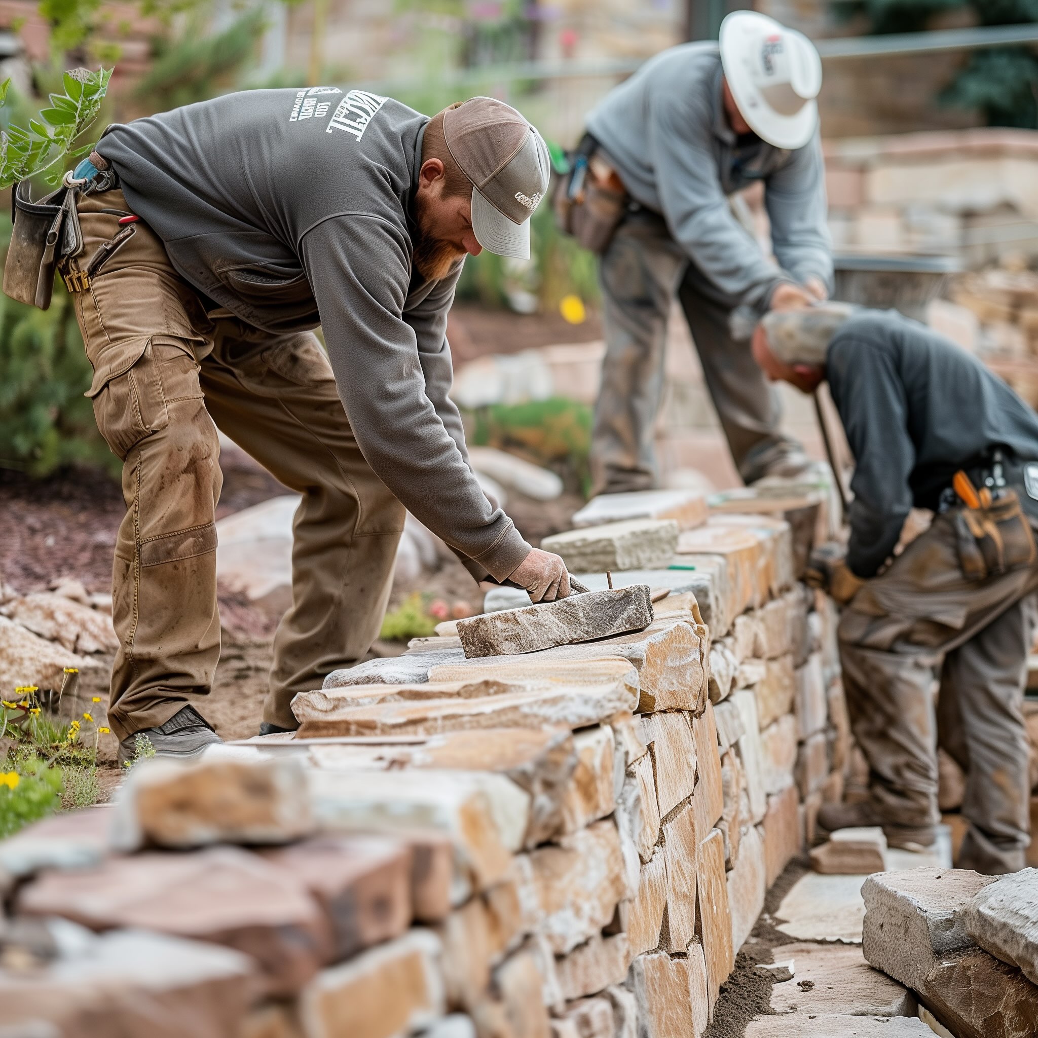 team working on a landscape design and stone masonry project building a retaining wall laying decorative stones for a garden