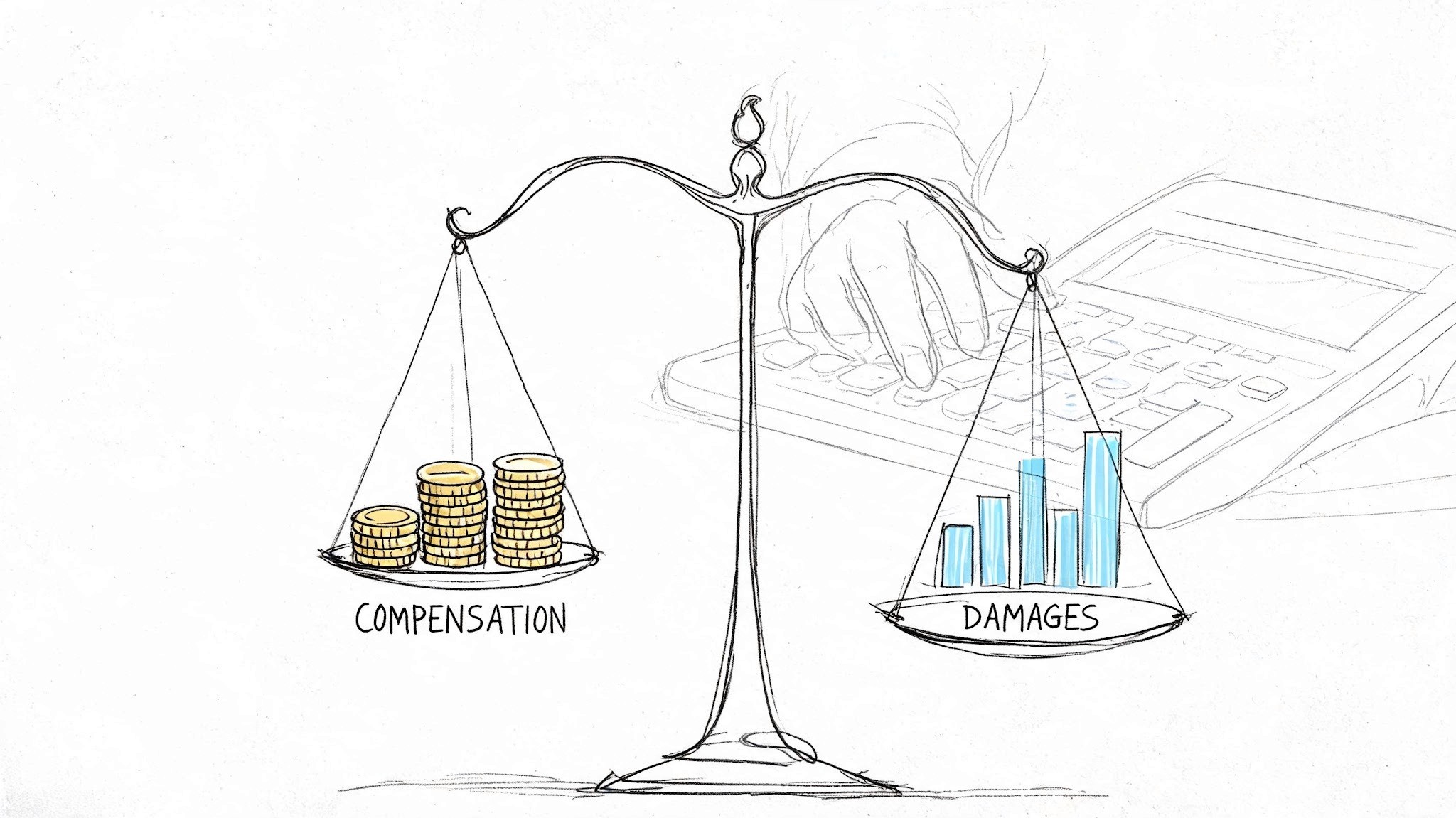 A conceptual drawing of a balance scale weighing financial compensation against legal damages with a calculator.