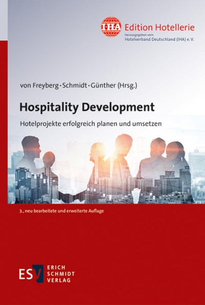 Cover of the book “Hospitality Development” featuring silhouettes of professionals against a red and blue gradient | Lunasole Hospitality