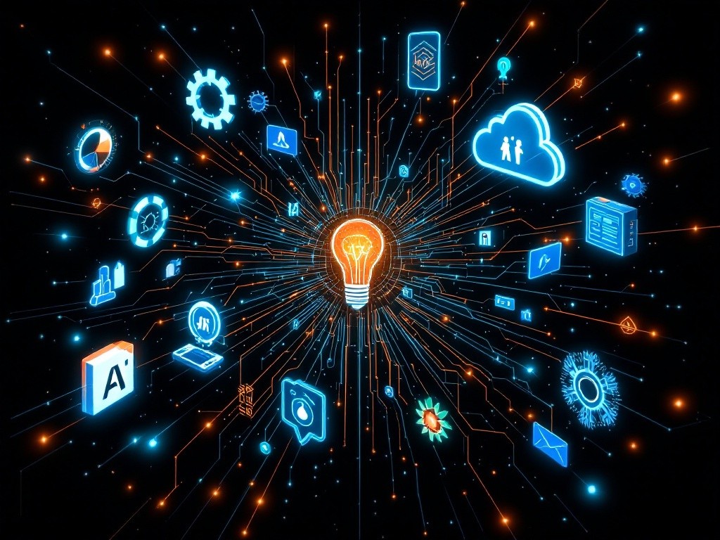A glowing lightbulb surrounded by various icons representing different technologies, all connected by lines that resemble a circuit board.
