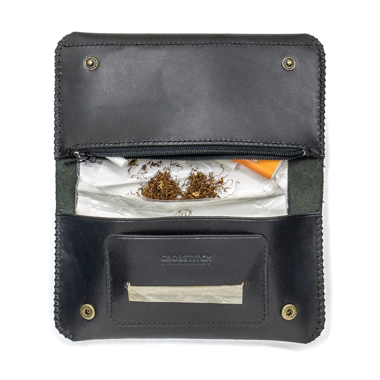 Handmade Black leather tobacco pouch open full