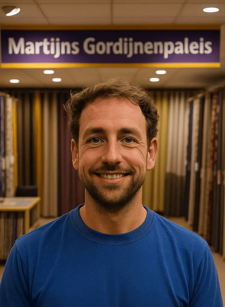 AI gegenereerde foto van Martijn en zijn fictieve bedrijf Martijns Gordijnenpaleis