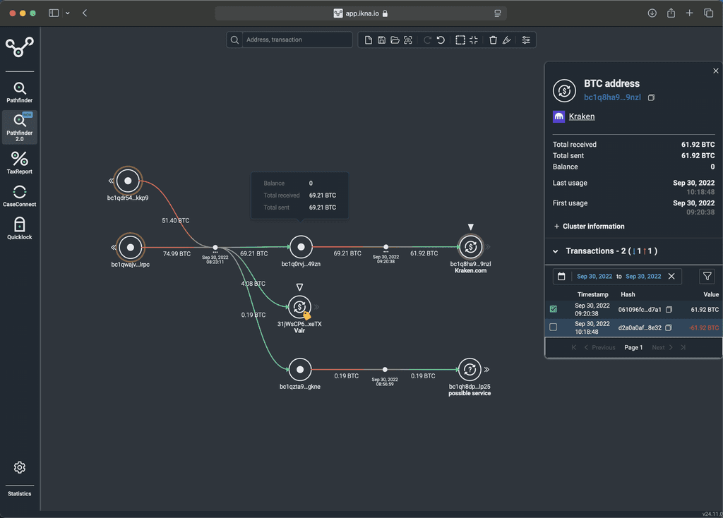 Pathfinder cryptoasset tracing tool for analyzing blockchain payment flows, simplifying transaction-level investigations with intuitive and efficient tracing capabilities.