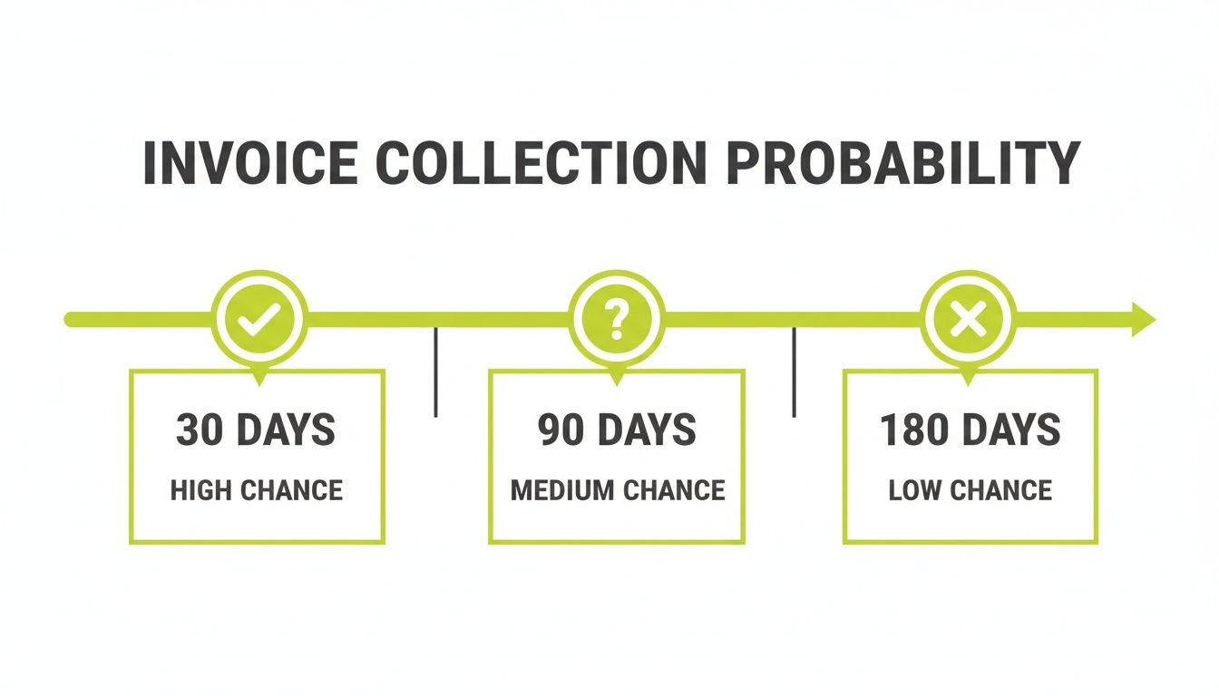 Infographic showing invoice collection probability over time: high chance at 30 days, medium at 90, low at 180.