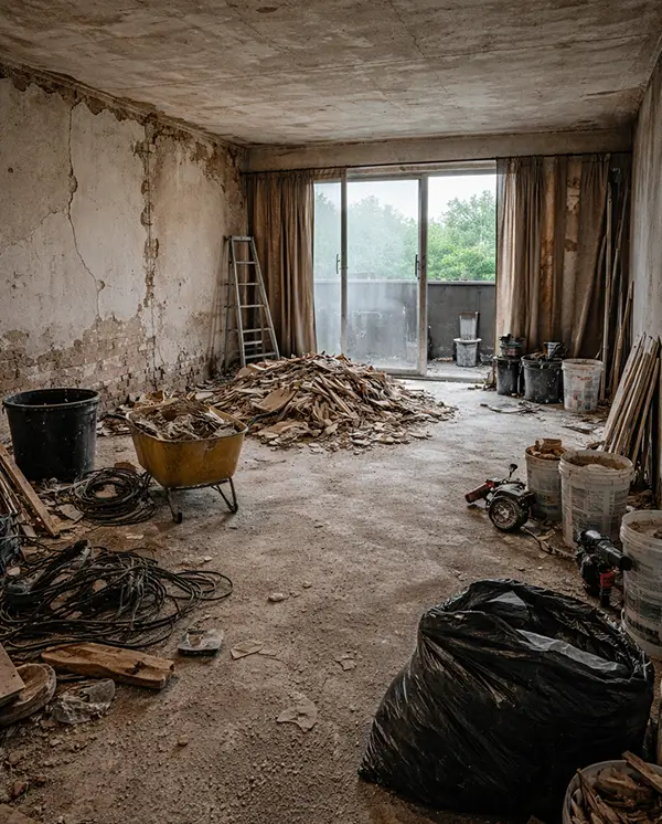 Αποξηλωμένο καθιστικό κατά τη διάρκεια ανακαίνισης με εμφανείς τοίχους, δάπεδα και εργασίες