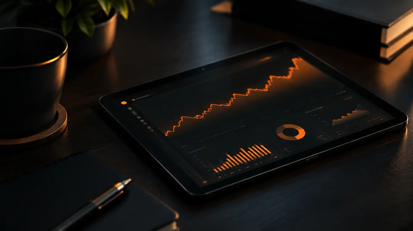 Tablet displaying an SEO analytics dashboard with rising performance metrics