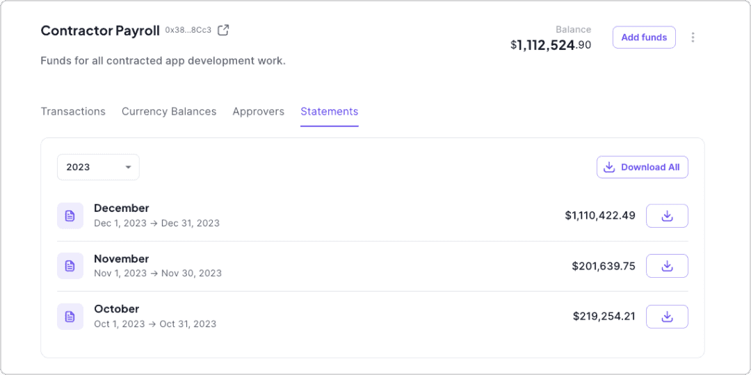 Mural interface of an accounting integration displaying account statements for contractor payroll with options for different months and a visible account balance.