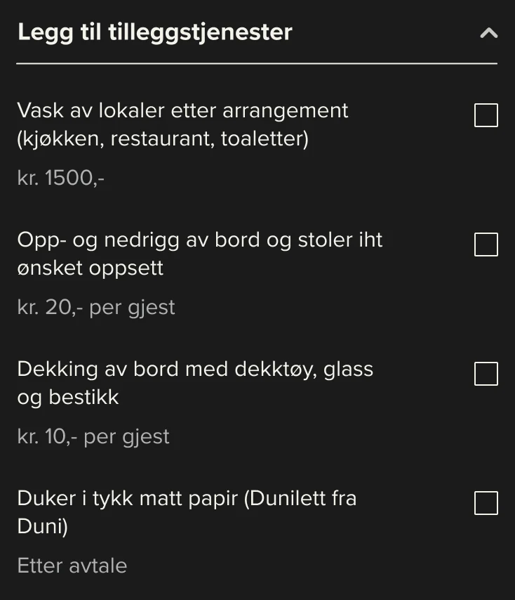 The add-on services dropdown opened: unchecked options with prices such as kr 1500, kr 20 per guest, kr 10 per guest, or by agreement