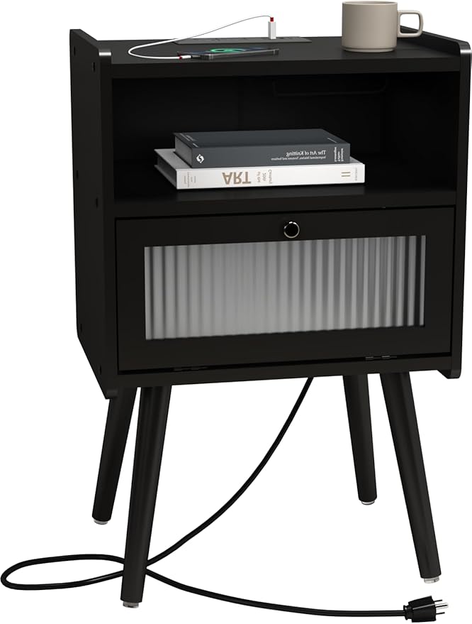 Mid century modern nightstand with charging station – A stylish and functional furniture piece, perfect for any modern home.