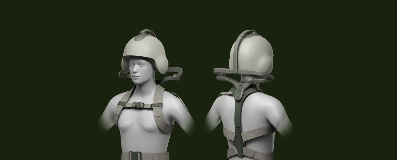 Render of the front and back views of a human exoskeleton designed for neck support, specifically tailored for rotary-wing aircrew to alleviate neck pain during flight operations.