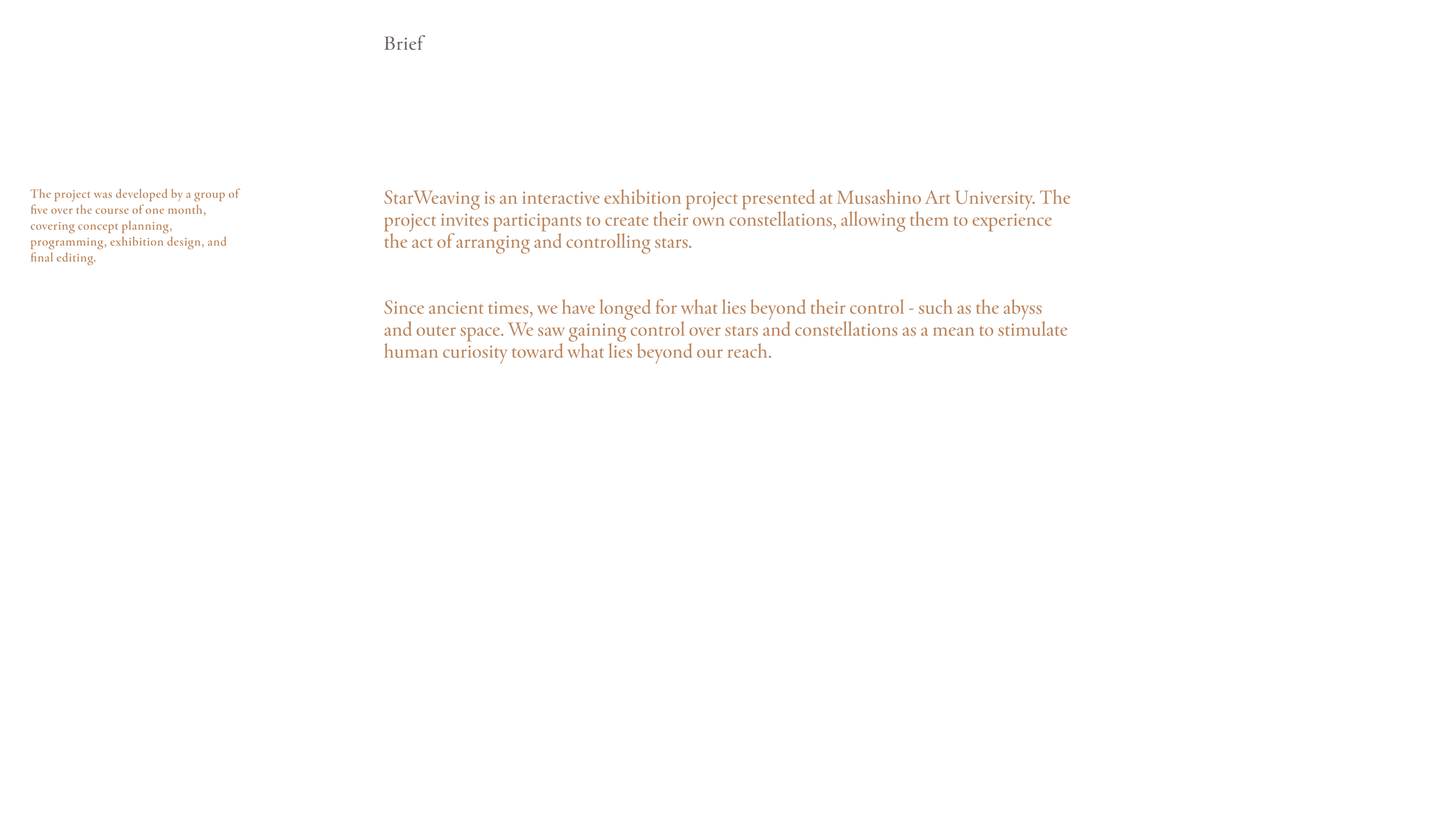 The project was developed by a group of five over the course of one month, covering concept planning, programming, exhibition design, and final editing.