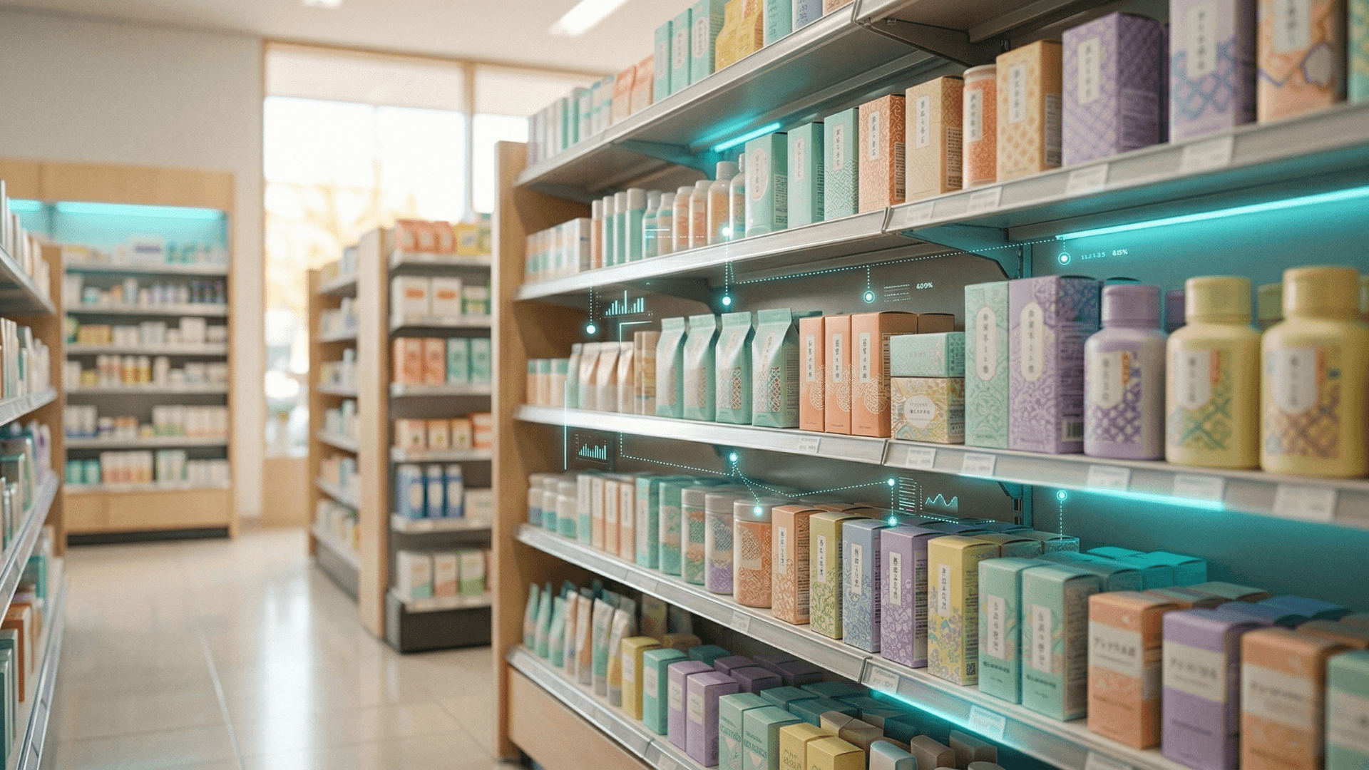 日本のドラッグストア陳列棚に抽象的なAI推薦を示すホログラフィック要素が重なる、日本市場のAI変革を象徴するエディトリアル写真