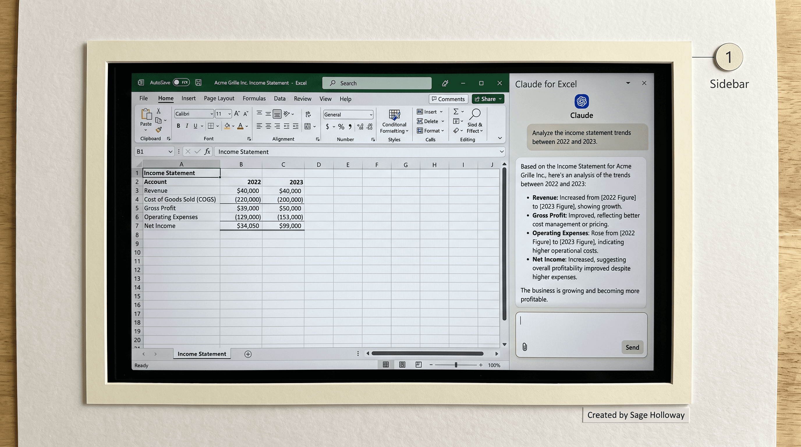 Teaching reconstruction of Claude for Excel sidebar analyzing Acme Grille Inc income statement