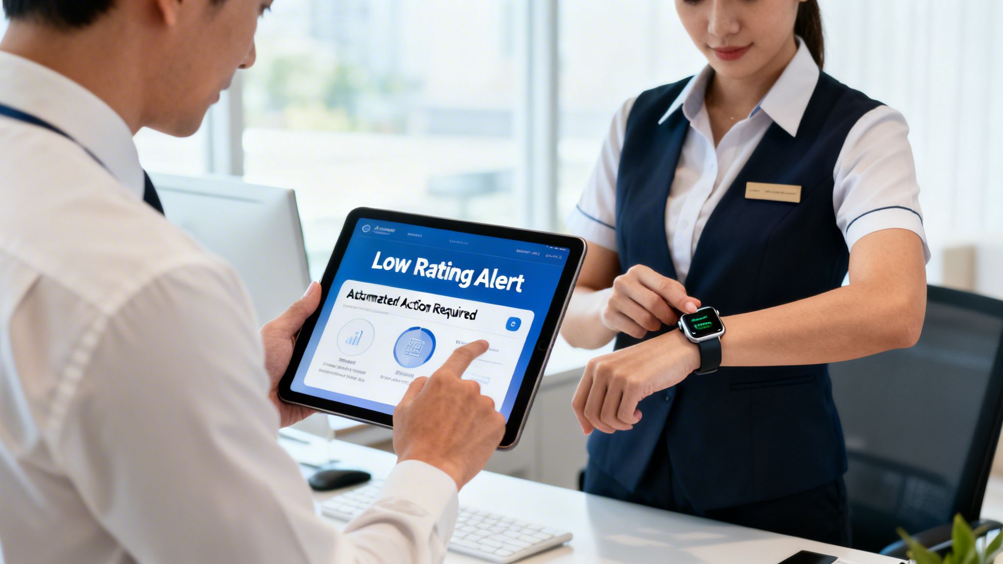 Two professionals review a 'Low Rating Alert' on a tablet and a smartwatch in an office.