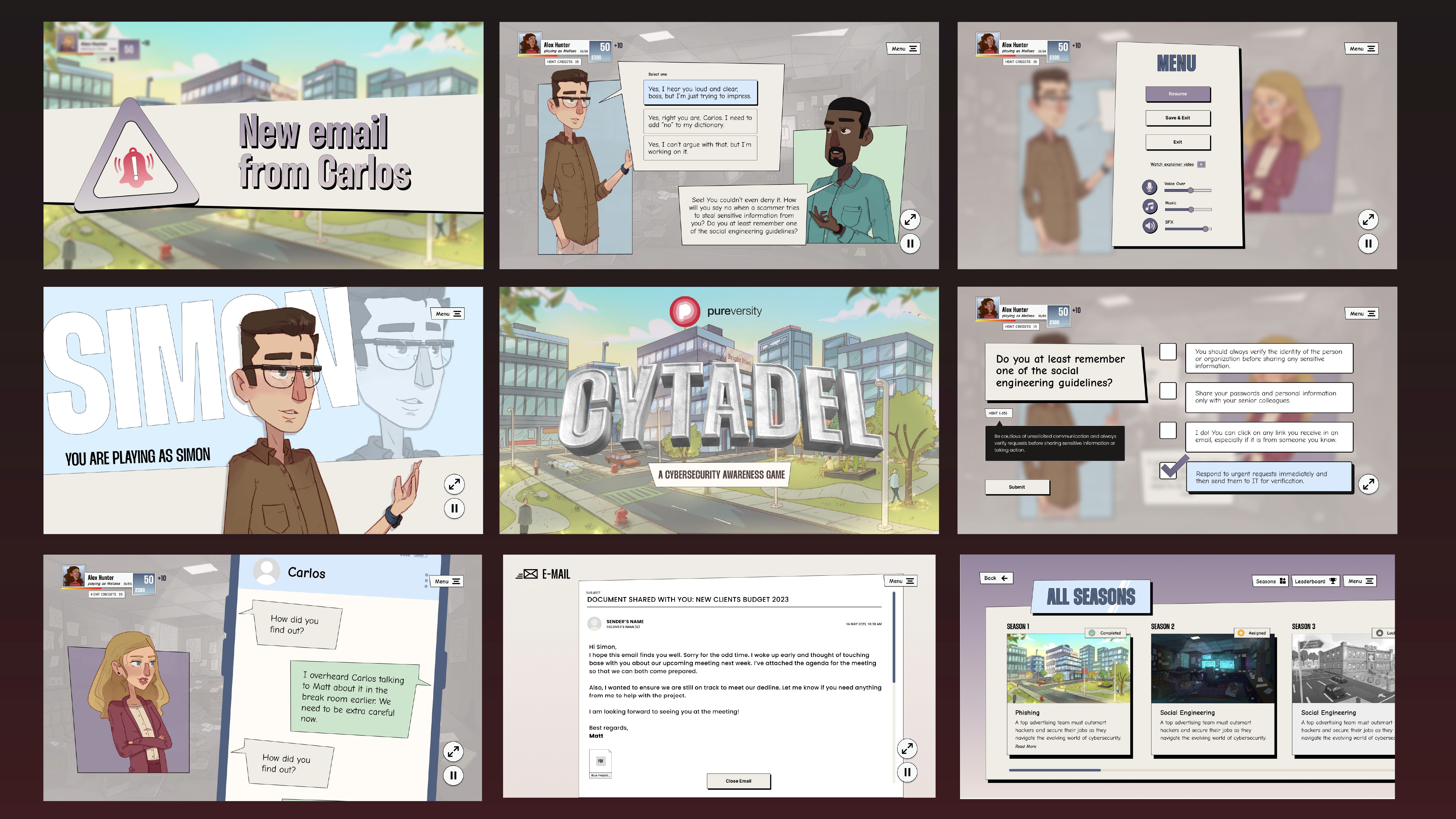 A selection of in-game screens demonstrating narrative flow, interaction patterns, and visual language across different learning moments.