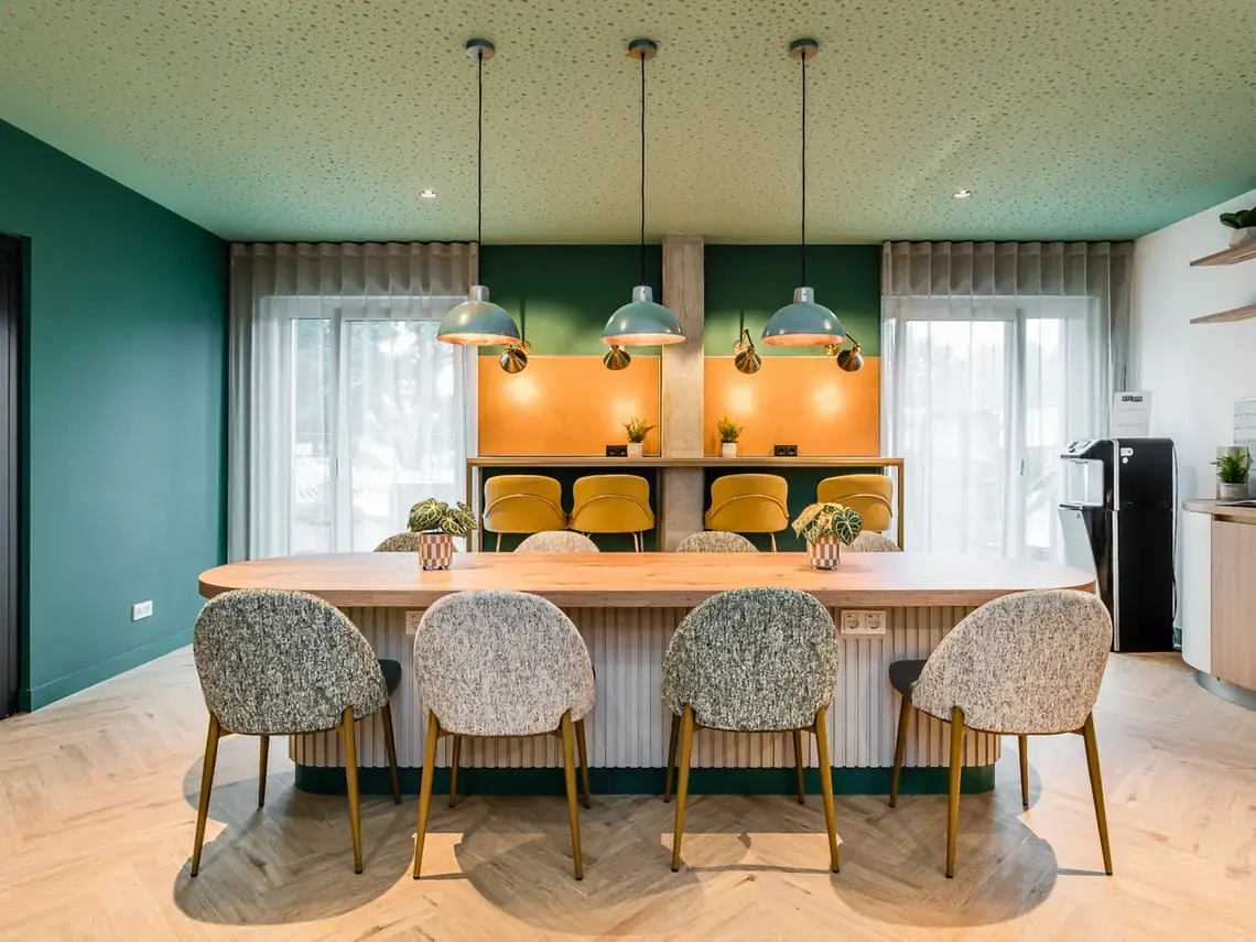 Modern communal kitchen and dining area at student accommodation in Berlin