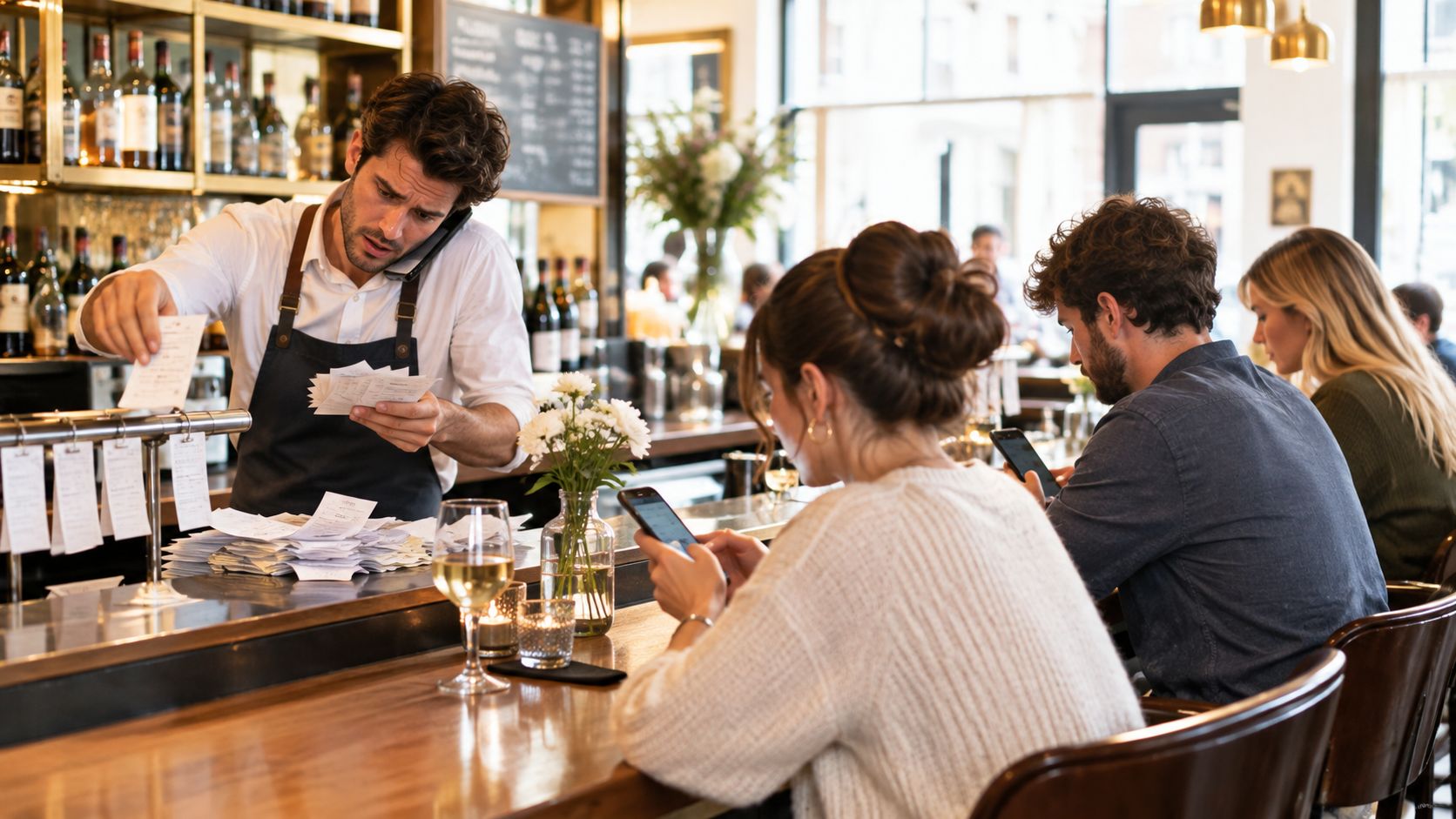 Un camarero atendiendo clientes en una barra de bar mientras revisa varios recibos de pedidos.