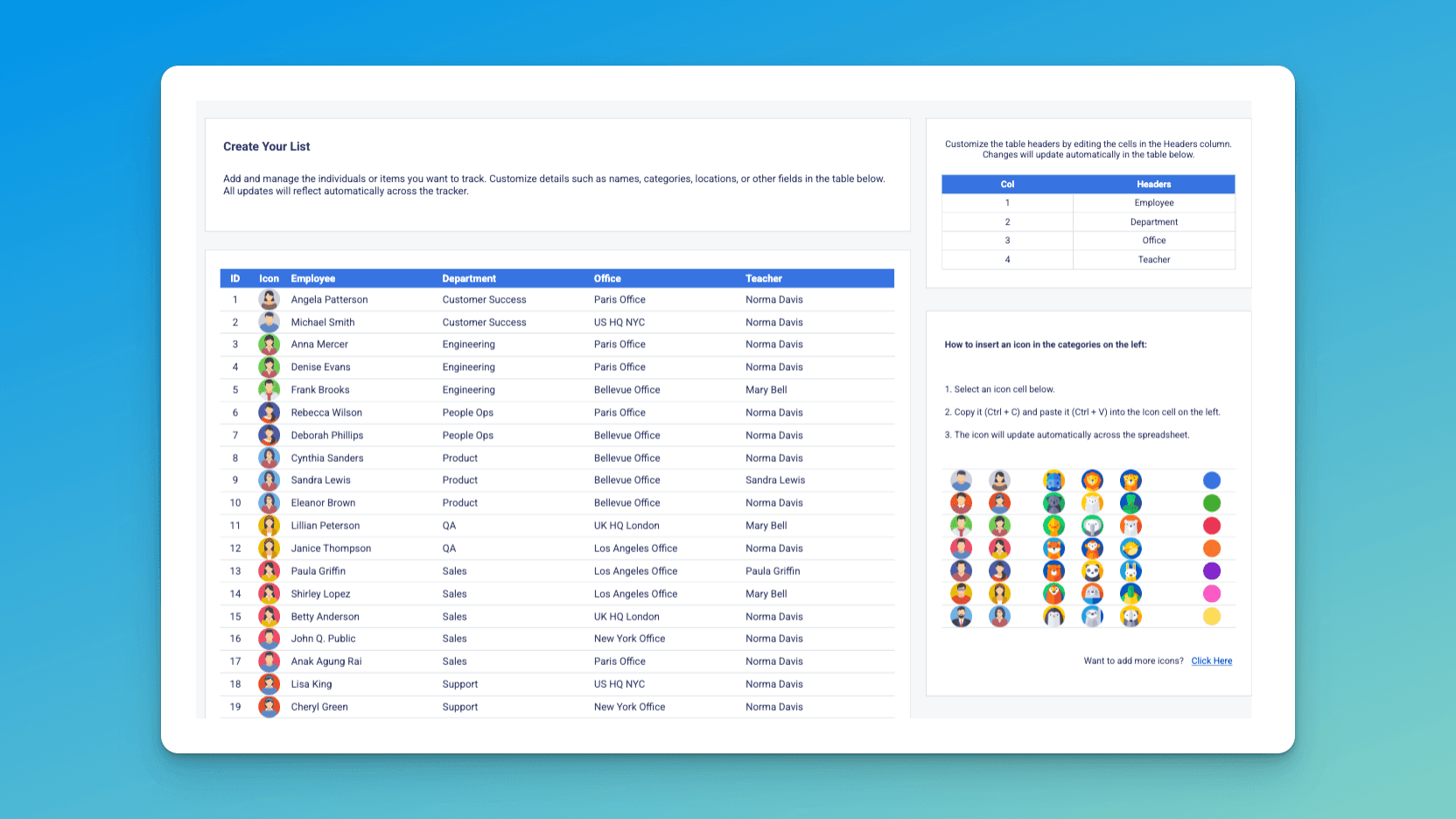 Setup tab of the Google Sheets Attendance Tracker showing customizable employee lists with departments and managers, editable table headers, and colorful avatar icons for assigning to individuals.