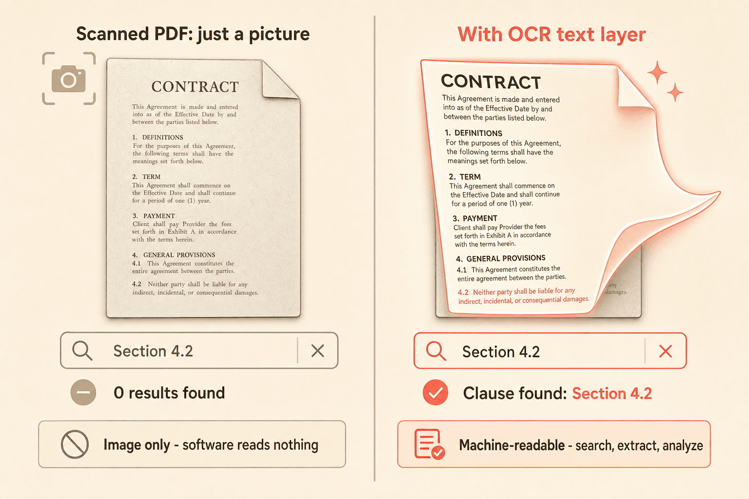 Comparison of a scanned PDF that returns no search results versus the same contract with an OCR text layer that is machine-readable and searchable