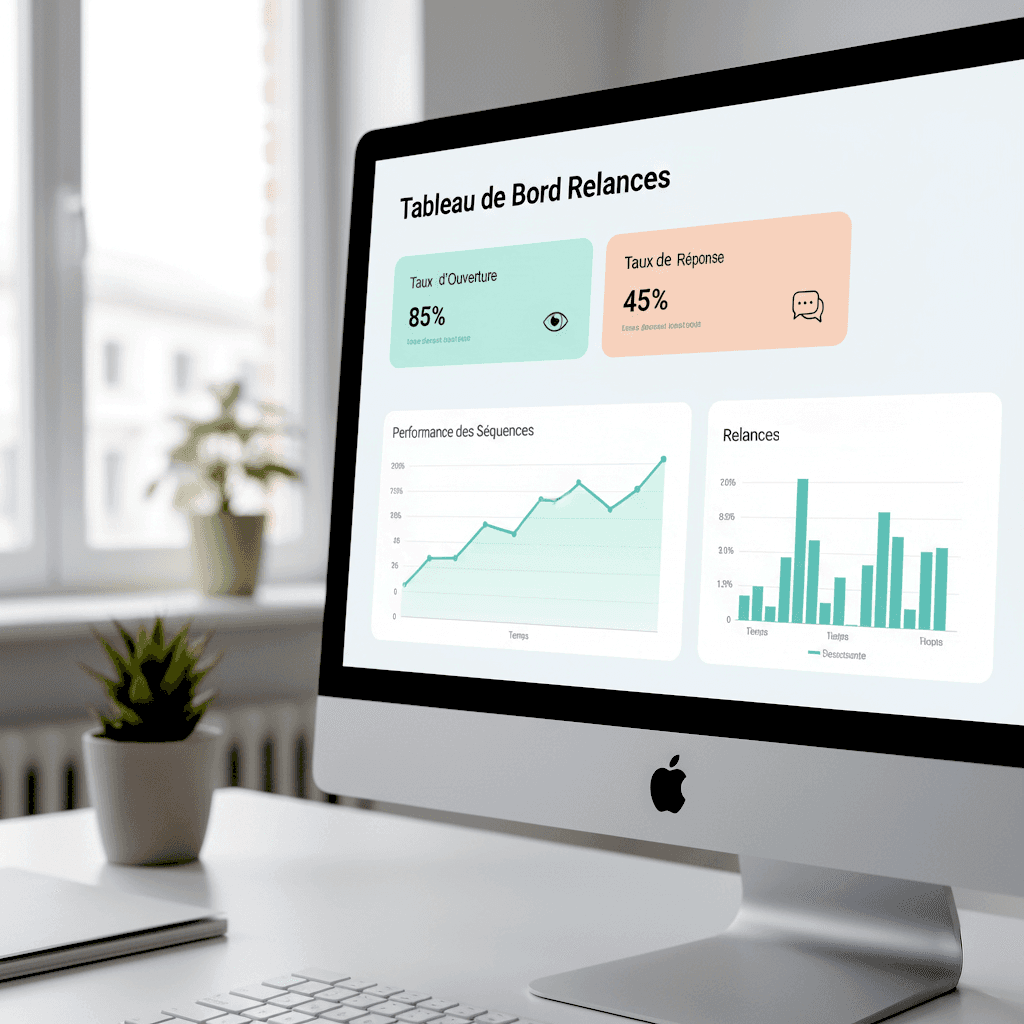 Interface de suivi des performances de relances clients automatisées avec taux d'ouverture et de réponse