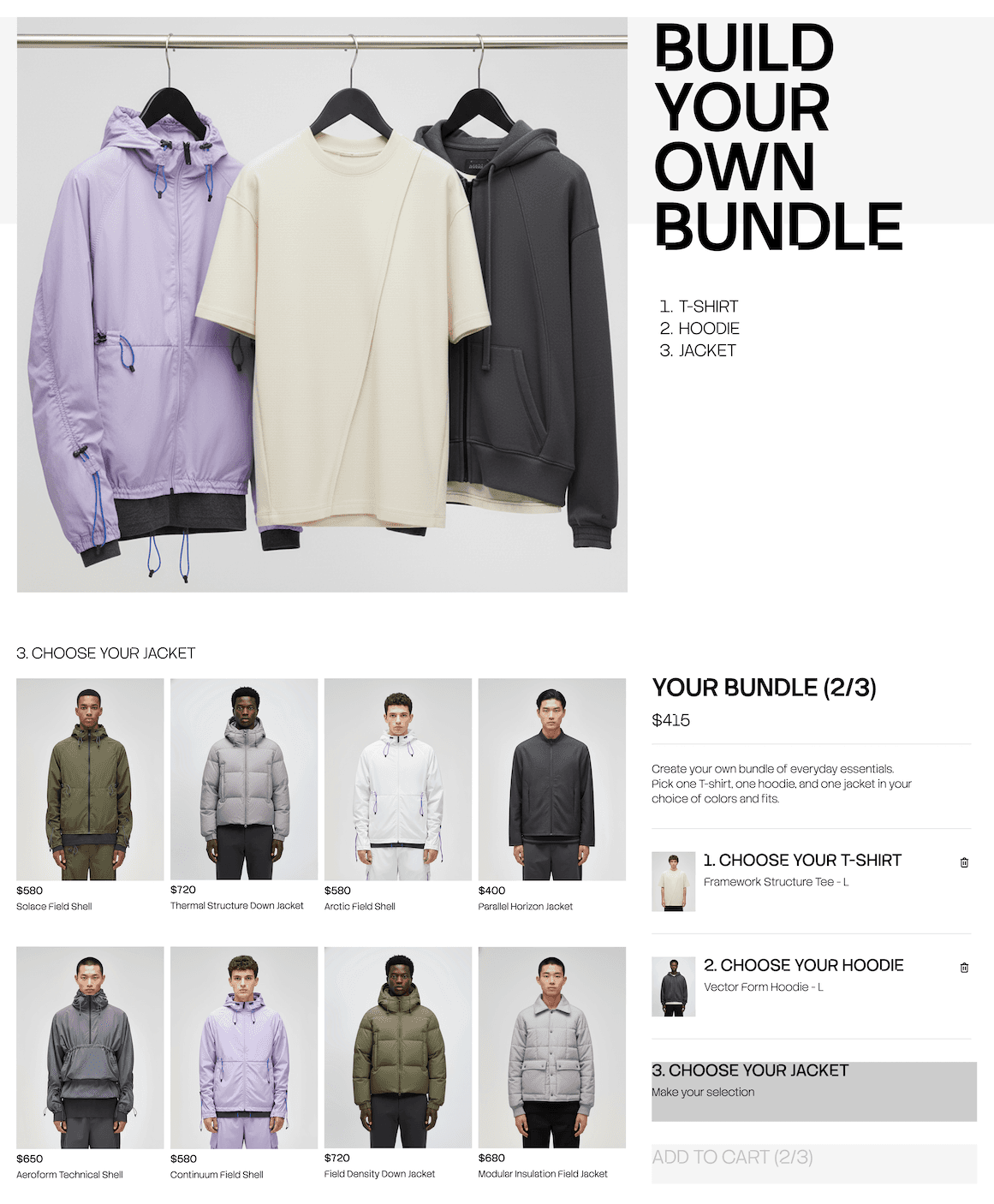Build your own bundle page showing t-shirt, hoodie, and jacket options displayed on male models