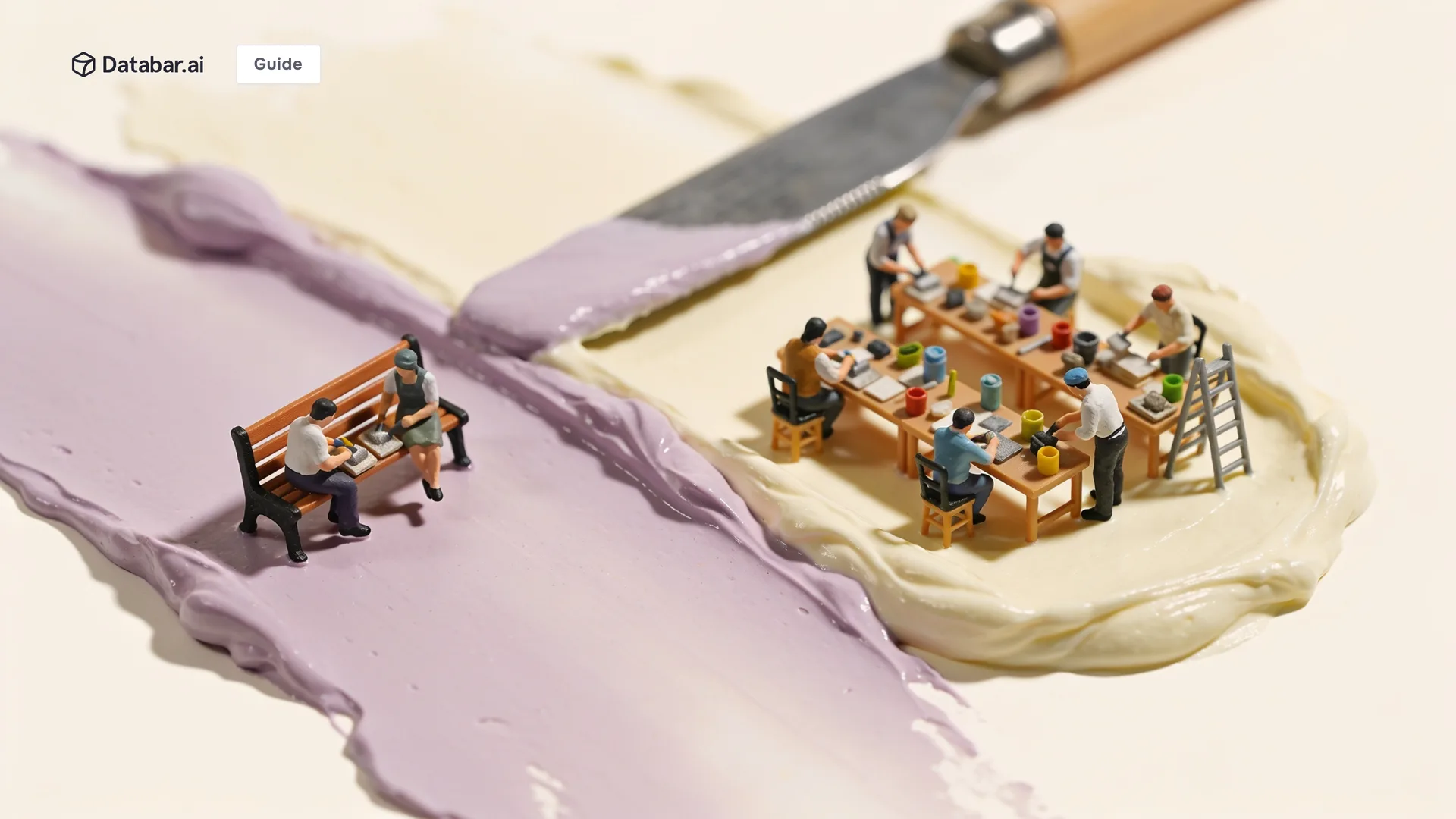 In-house versus outsourced data enrichment, illustrated as tiny figures at a small private bench beside a larger shared works