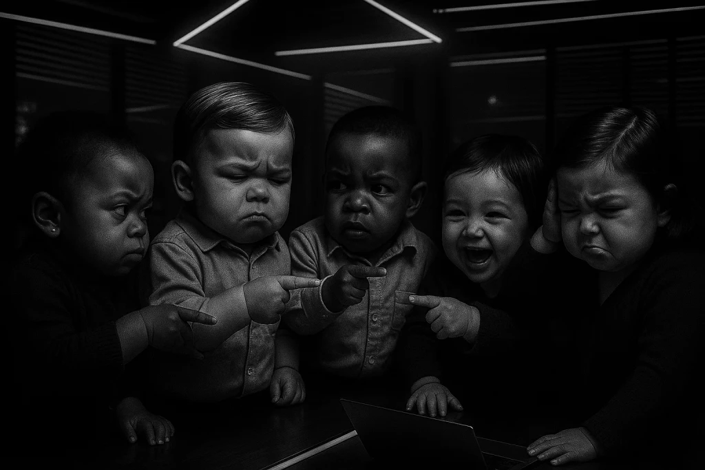 babies pointing at each other in a neon lit room
