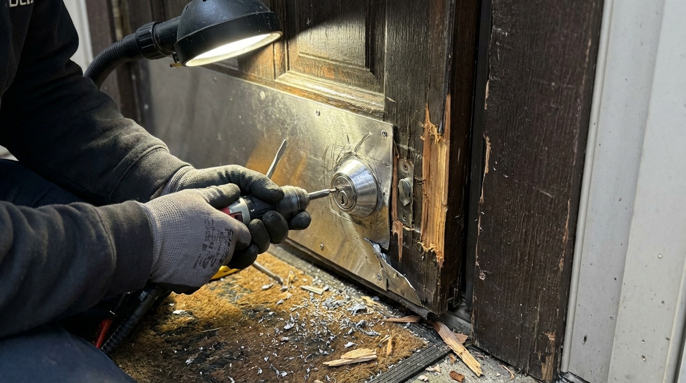 Reparación de cerradura dañada tras intento de robo en Madrid por técnico profesional.