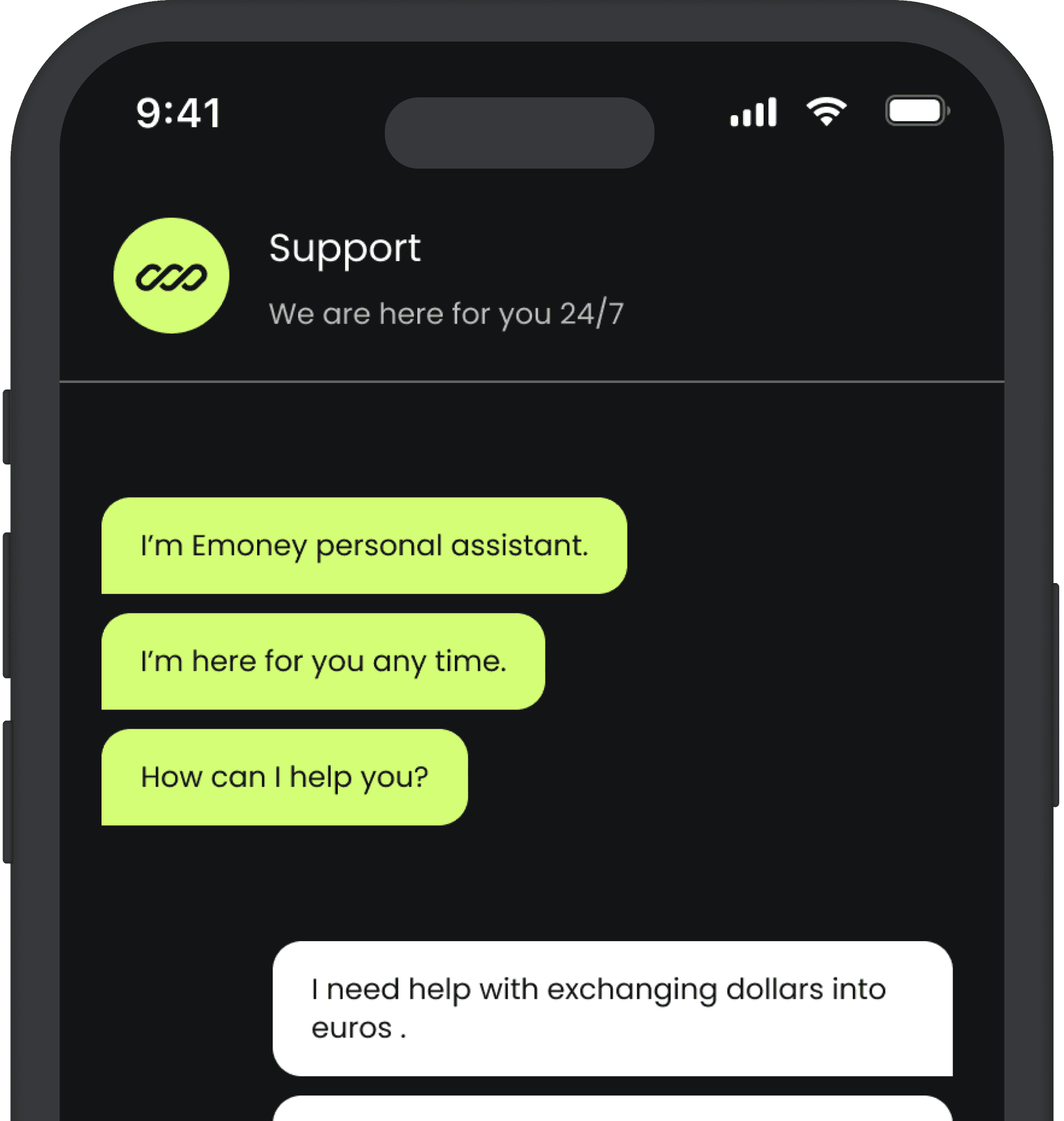 Iphone mockup showing the chat with the support