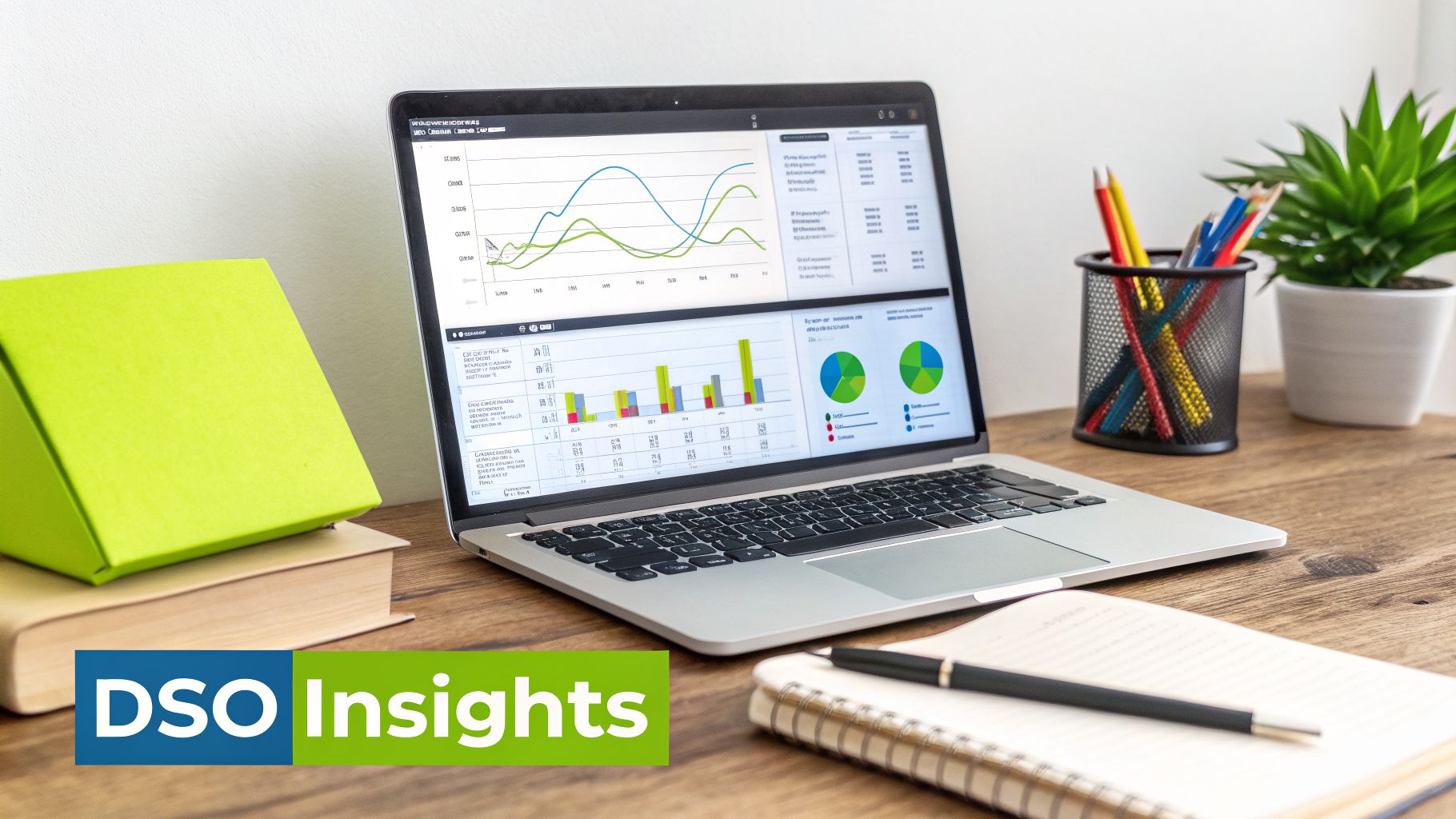 A laptop displaying business analytics charts and graphs on a wooden desk with office supplies.