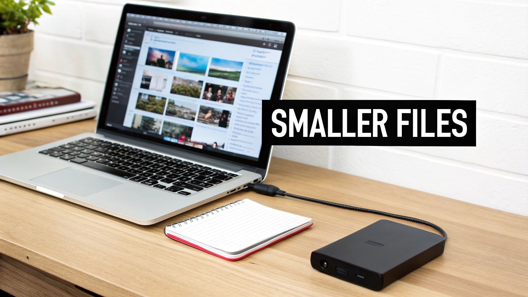 A person editing a video on a laptop, with video files on an external hard drive beside them.