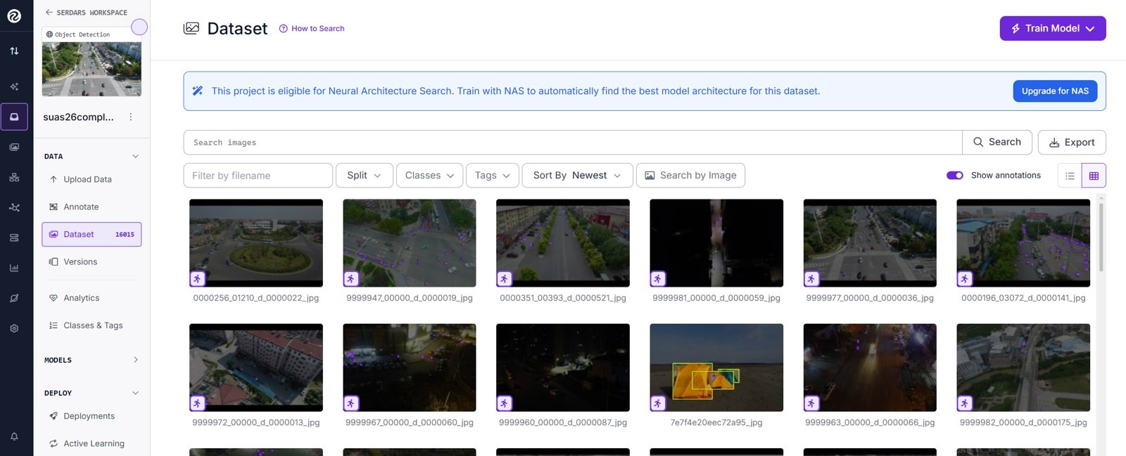 The Roboflow project at 16,015 images across the mannequin and tent classes. Most visible thumbnails are public aerial imagery of urban scenes — the source of the set's background and viewpoint diversity rather than of its target appearance.