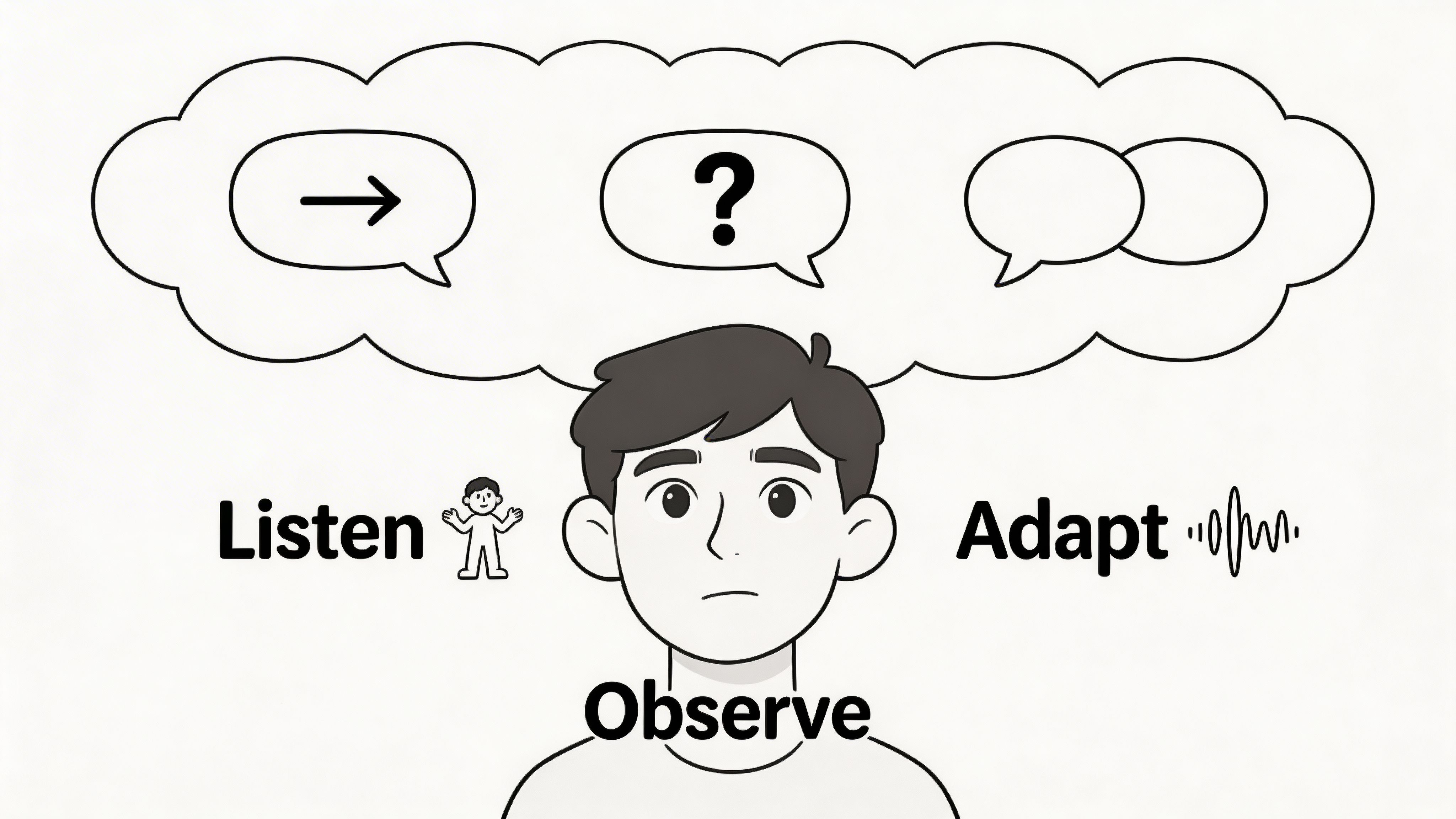 A conceptual illustration of a person thinking about communication, featuring the labels Listen, Observe, and Adapt.