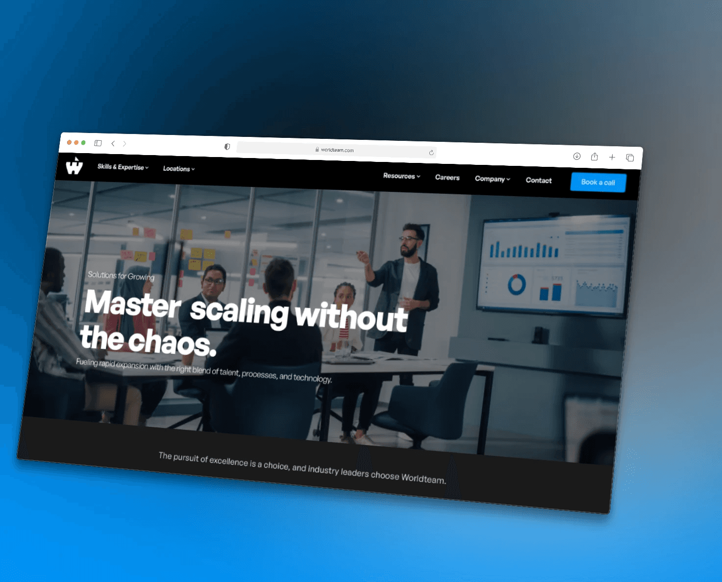 Laptop displaying a team-focused section with headshots, testimonials, or bios, highlighting company values and internal culture.