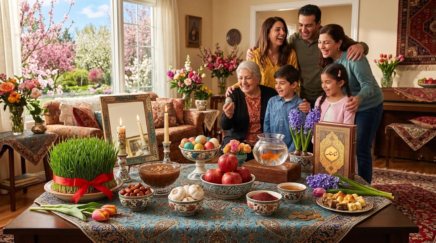 Persian family celebrating Nowruz around Haft-Sin table for mediareach multicultural marketing campaigns