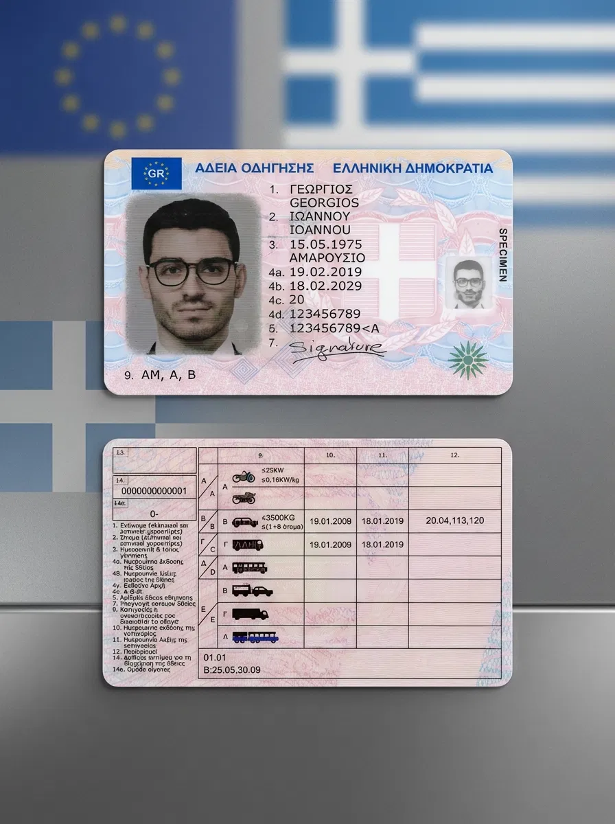 European style driving licence card on a modern surface with subtle Greek elements