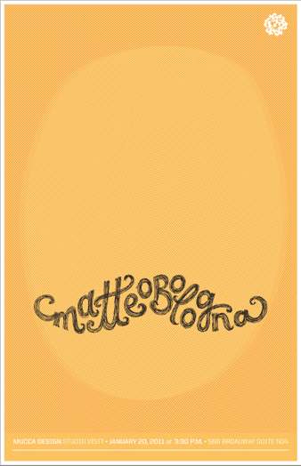 An orange SVA poster that depicts a faded orange face and a text in form of a moustache. The text says: Matteo Bologna.