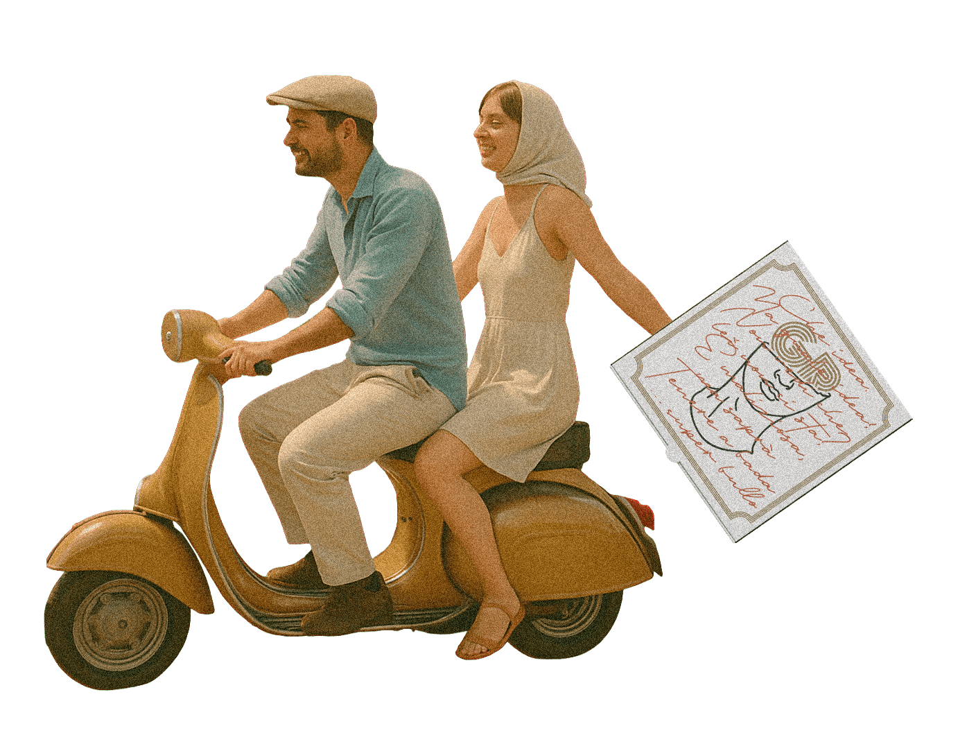 retro vespa scooter with laughing people holding pizza box
