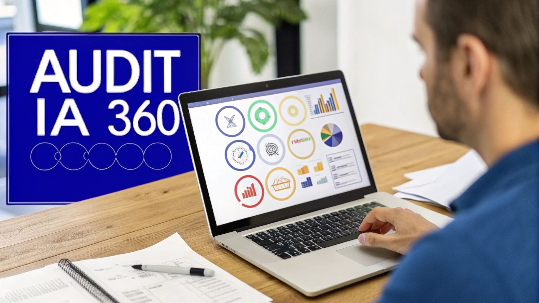 Homme utilisant un ordinateur portable affichant des graphiques, avec un panneau 'AUDIT IA 360' à côté.