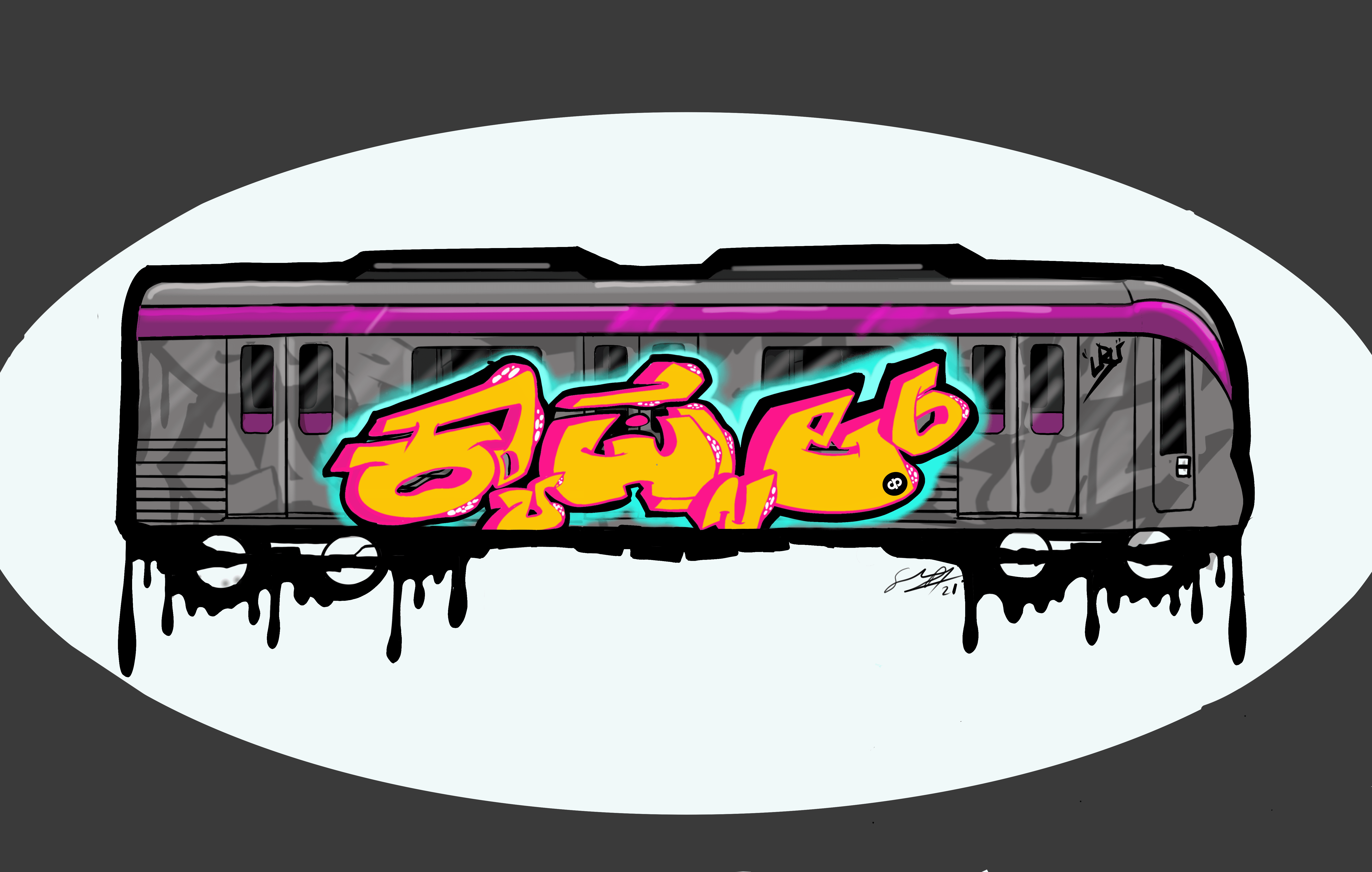 a custom art design for capsul on a mockup of a train compartment