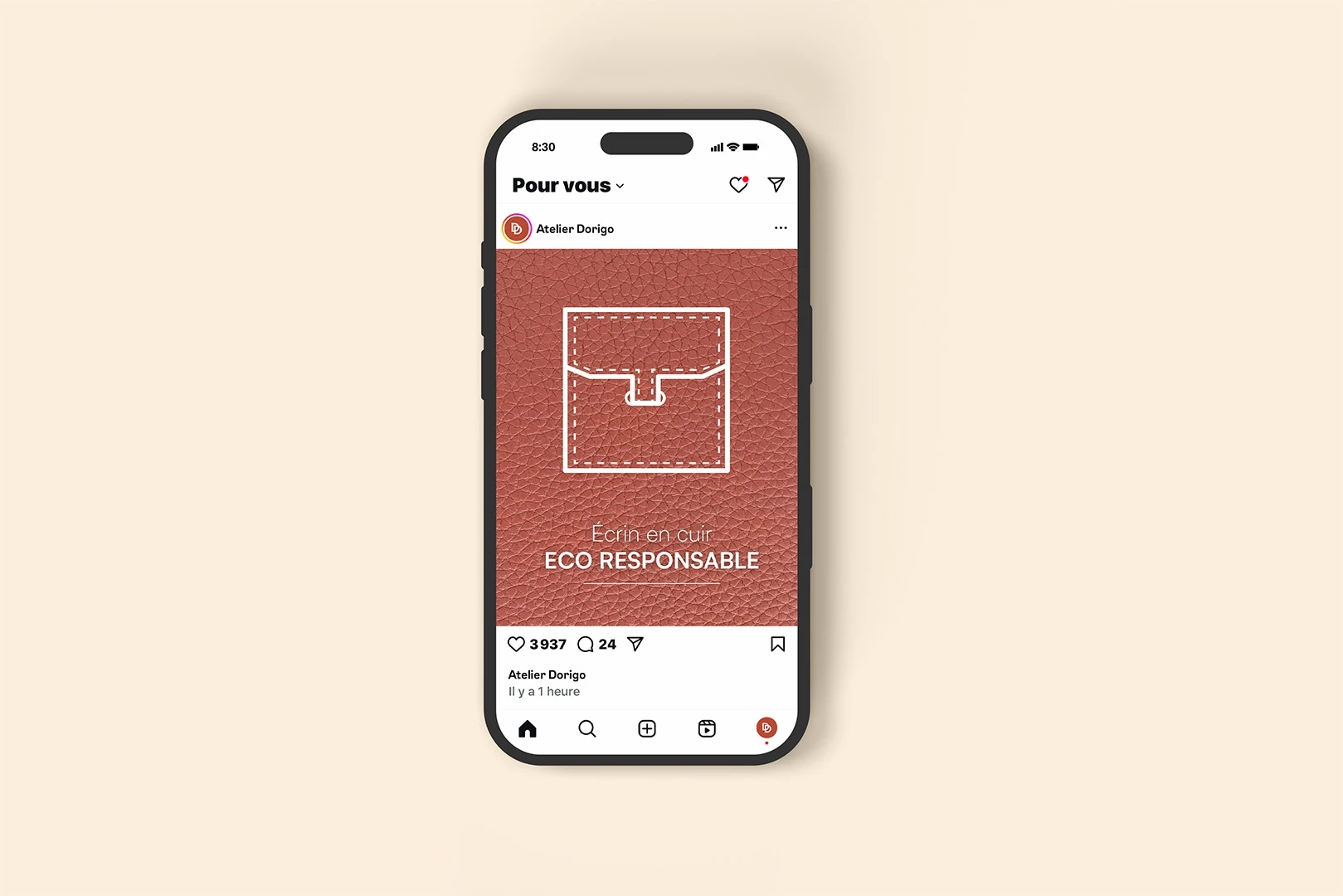 Instagram post mockup featuring the pictogram of Atelier Dorigo’s watch case, highlighting their environmental commitments.