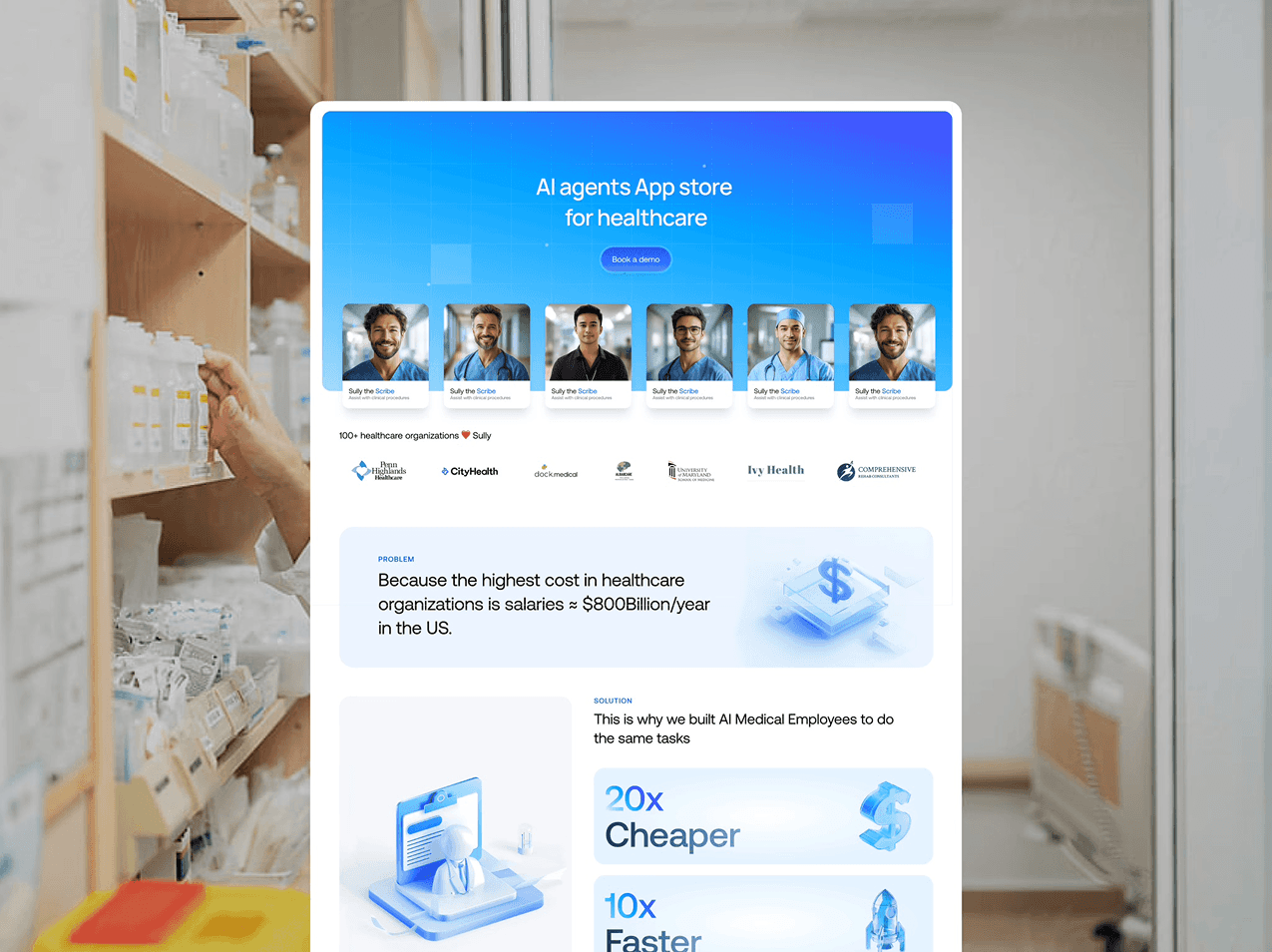 A bright, professional healthcare website displayed on a monitor in a pharmacy setting, showcasing AI agent profiles, cost-saving statistics, and a clean blue-and-white interface.