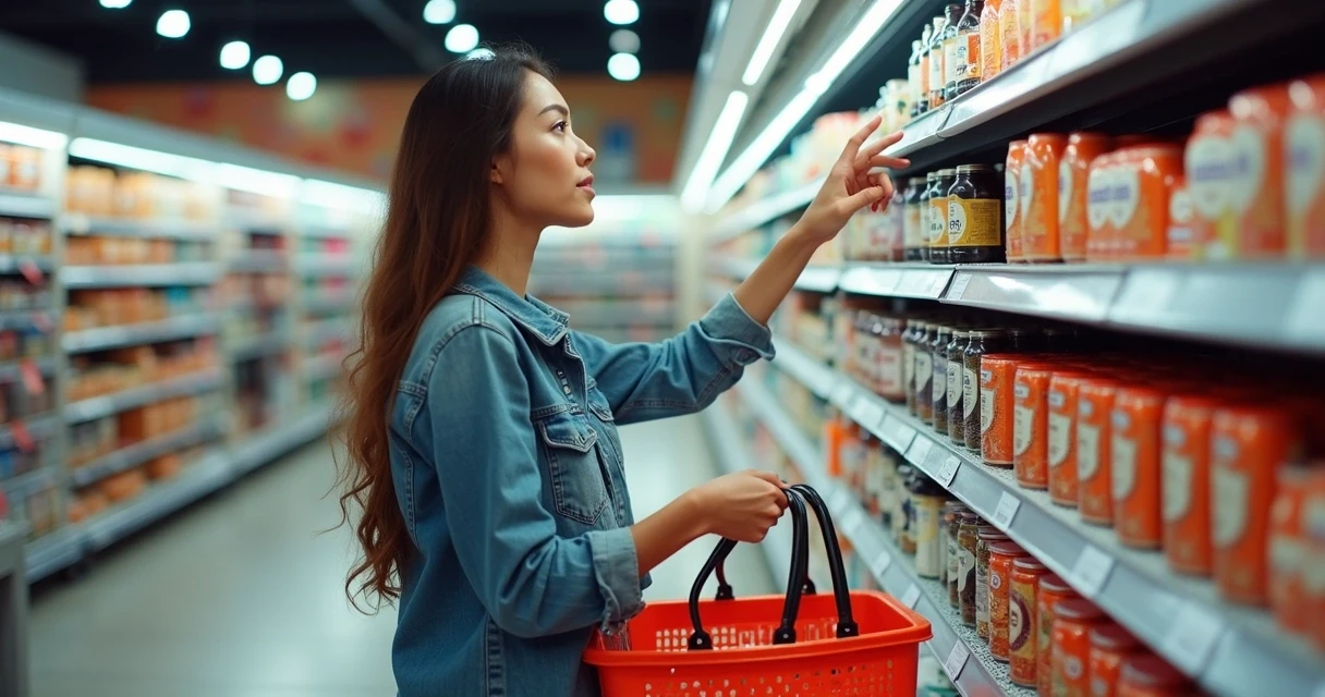 Mulher escolhendo produtos em prateleira de mercado 