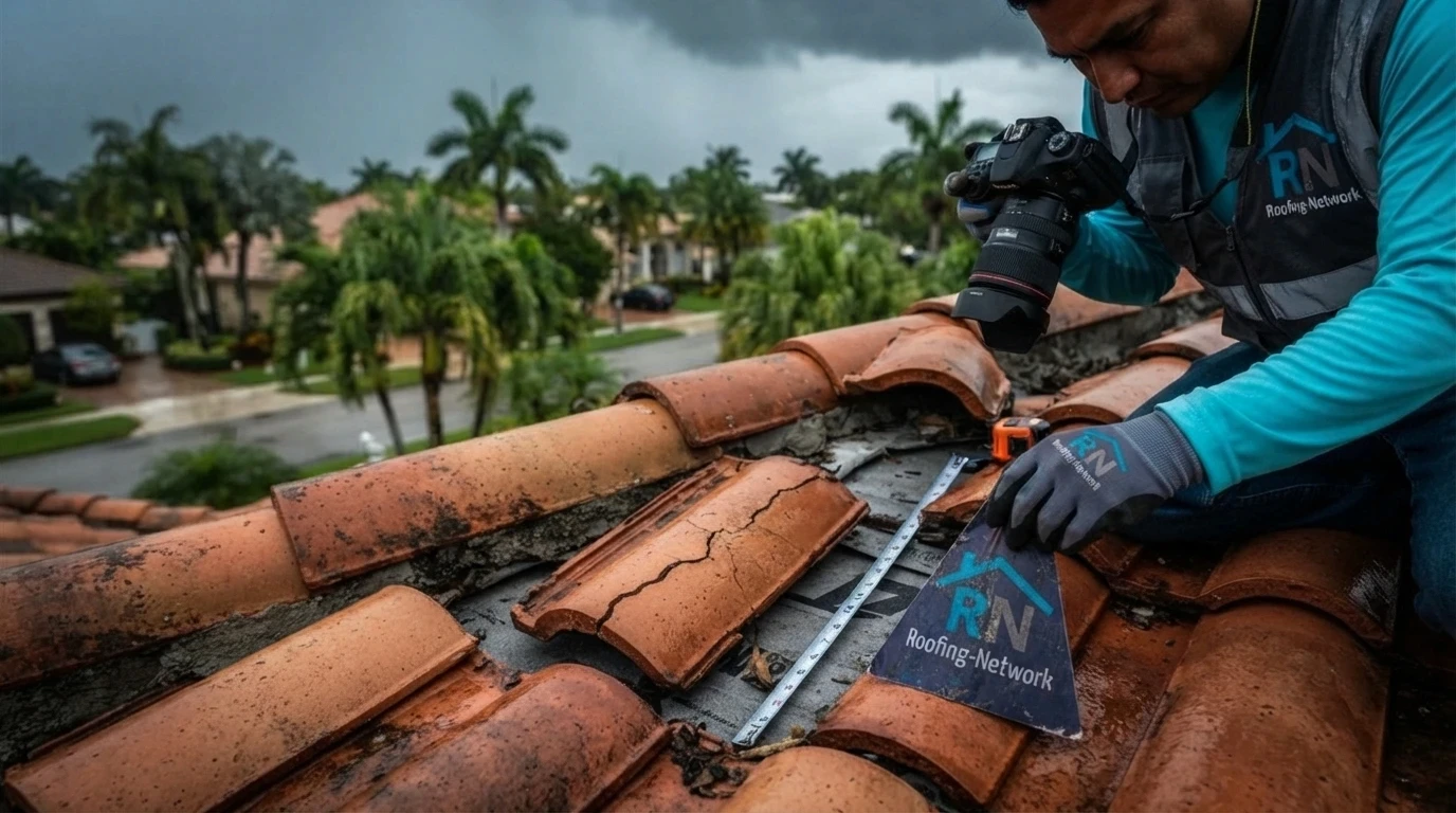 Storm damage documentation photos being taken on a Coral Springs tile roof