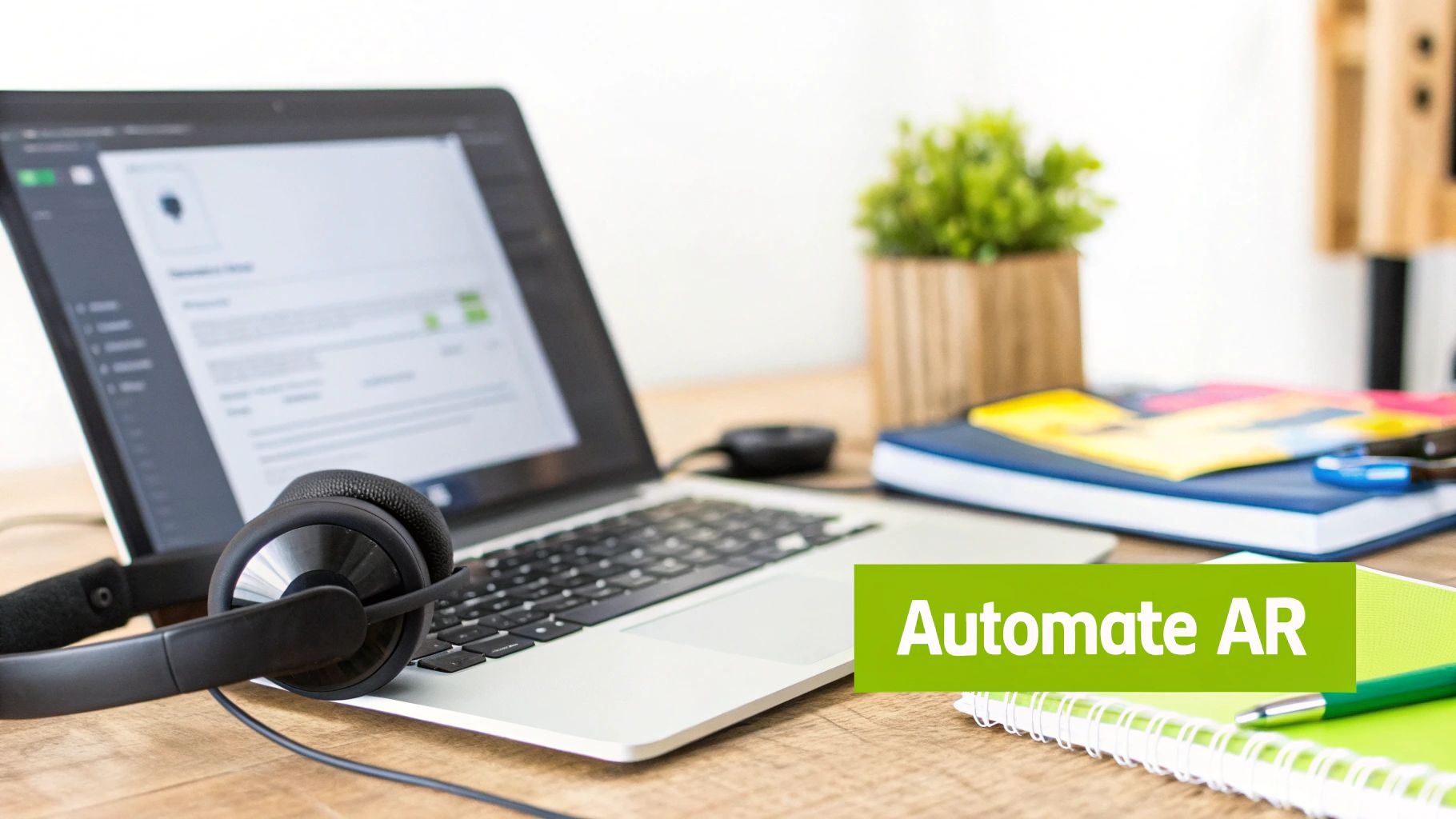 Laptop with headset and notebooks on desk showing accounts receivable automation software interface