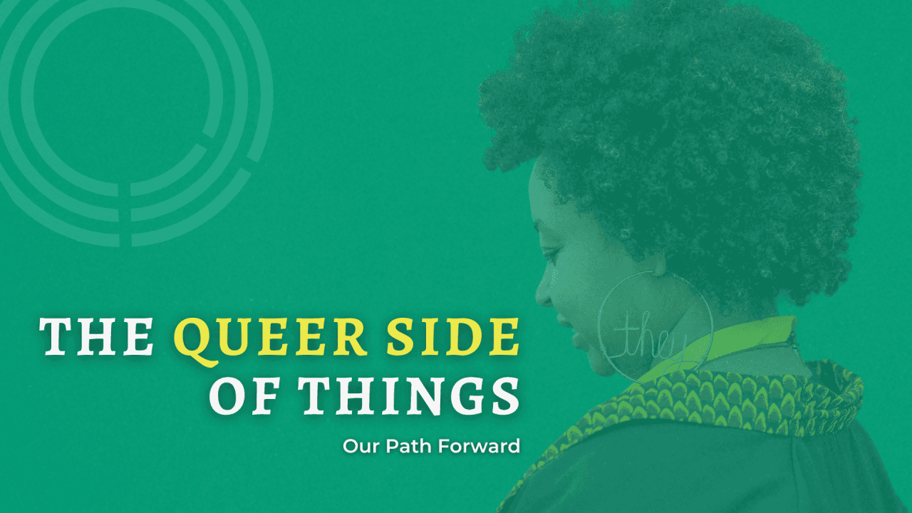Cover design featuring the text "THE QUEER SIDE OF THINGS" with an illustration of a figure in profile against a green background.