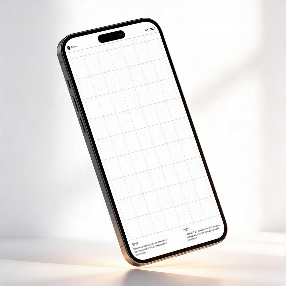 Minimal smartphone mockup floating against a soft neutral background, displaying a clean grid-based layout.