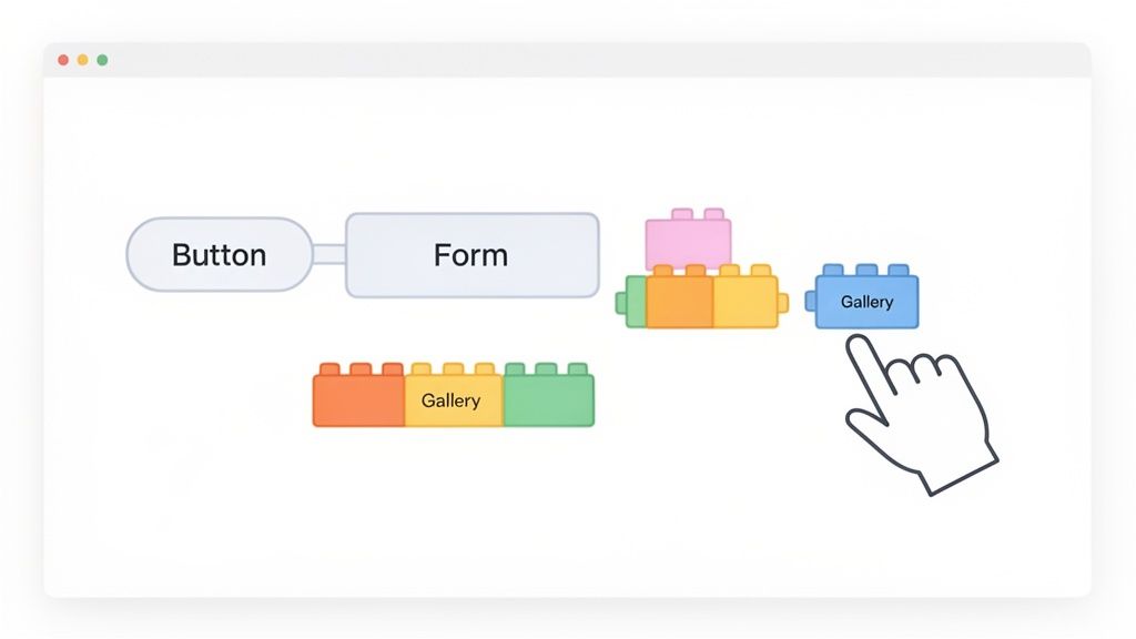 Diagram showing 'Button', 'Form', and 'Gallery' UI components as modular blocks, with a hand selecting 'Gallery'.